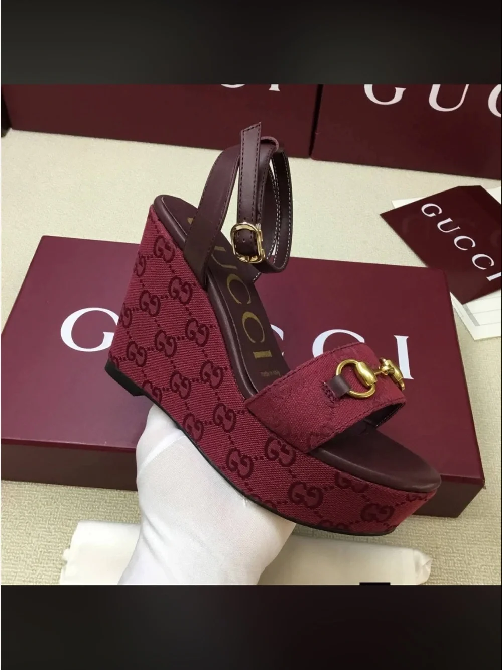 Gucci Women's Burgundy GG Canvas Platform Wedge Sandals